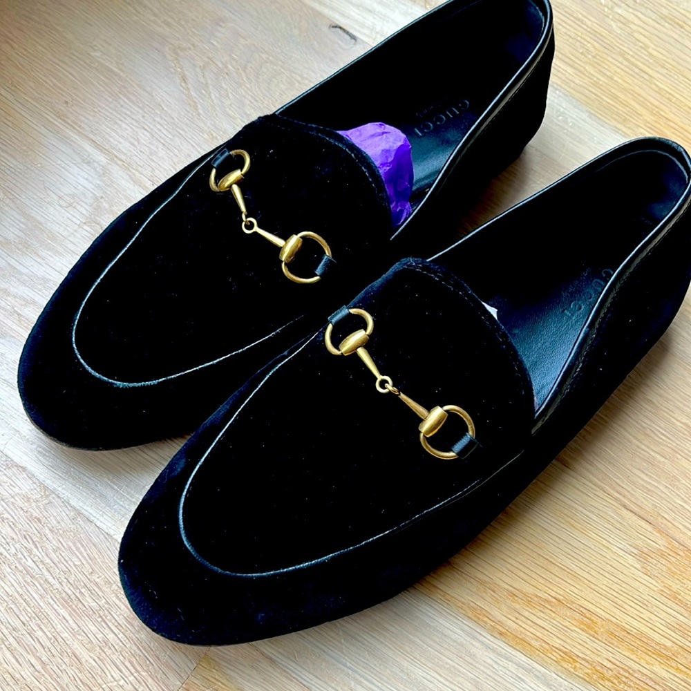 Gucci Women’s Black suede horsebit slip ons 
Very lightly worn
